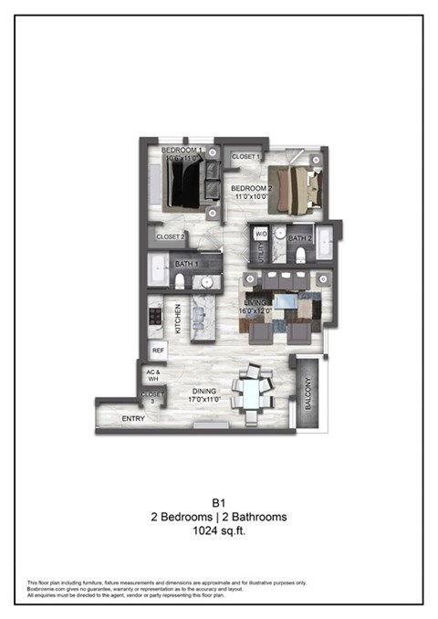 Floor plan for 2 beds, 2 baths, 1024 sqft